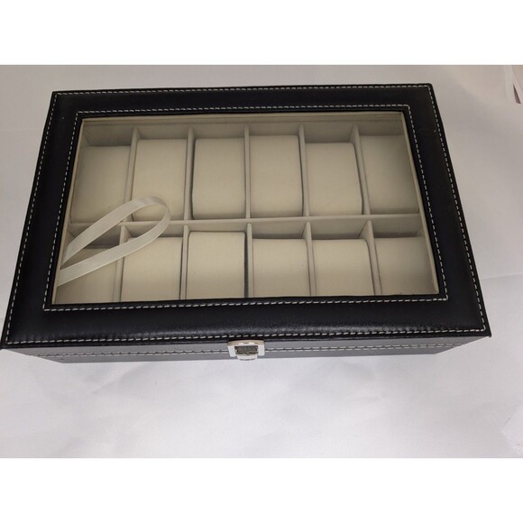 12 Slot Leather Watch Box Display Case Organizer with Framed Glass Lid Elegant - Picture 1 of 5